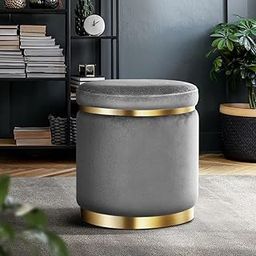 BULKWOOD Velvet Luxurious Sitting Stool with Footrest for Living Room and Bedroom, Sofa Side Stool, Wooden Small Ottoman Footrest Stool -Grey-image-86