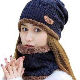 Women's Woollen Winter Cap and Scarf - Soft Warm Snow and Air Proof Fleece Knitted (Inside Fur) Beanie Winter, Blue-picture-56