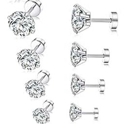 6-7 Pairs 20G Stainless Steel Stud Earrings Round Square Cubic Zirconia Earring Set For Men Women 2MM-8MM-43