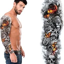 S.A.V.I Full Arm, Hand Temporary Tattoo For Men, Lion Roses Skull Burning Planet Design For Girls Women, Tattoo Sticker Size 48x17CM - 1PC.-image-11