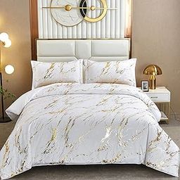 White Gold Metallic Marble Comforter Set King Foil Print Glitter Bedding Sets with 2 Pillowcases for All Seasons, Soft Microfiber Filling Bedding Duvet Set 103"x90"-17