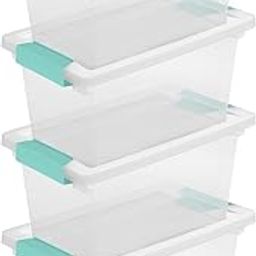 Sterilite Medium Stackable Clear Plastic Storage Tote Container with Clear Latching Lid & Green Clips for Home & Office Organization, Clear (4 Pack)-46