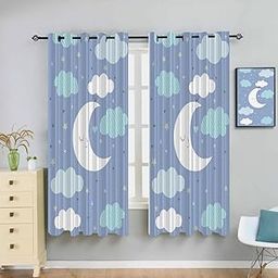 Newturn Textiles Kids Room Curtains (5ft Pack of 2), Grommet | Cute for Kids Room | Window Curtain | Polyester Material | HD Print Semi Transparent | Moon Print| Blue-14