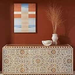 TGF Furniture Store Decorative Solid Wood Sideboard Cabinet – Geometric Pattern Design in White and Natural Wood – Stylish Storage Unit for Living Room, Dining Room, or Hallway-image-5