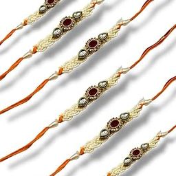 Decorative Pearl Rakhi Set with Kundan Stones, Red and Green Gems, Orange Thread, Pack of 6-42