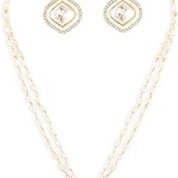 Gold Tone Double Layered Austrian Diamonds Beaded Embellished Necklace & Earring Set For Women-ZPFK17075-8