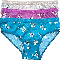 Women's Floral Print Cotton Bikini Panties, Pack of 3, Teal Blue, Beige, and Purple-picture-3
