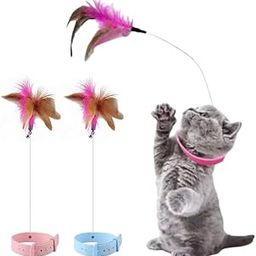 Shopipistic Self-Hey Silicone Collar Funny Cat Toy, Self-Entertainment, Boredom Killer Interactive Cat Toy with Stainless Steel Spring Wand Teaser, Hands Free Cat Collar, Feather, Bell- Random Color-picture-0