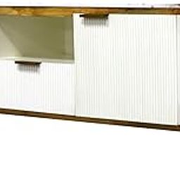 MAMTA HANDICRAFTS Modern TV Stand Entertainment Unit, 3 Drawers, White Ribbed Panels, Marble Top, Gold Trim, Mid-Century Design-image-40