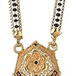 Mangalsutra Gold Plated Tradional Flower Tribal Style Pendant Golden Chain With Black Bead Tanmaniya Nallapusalu Jewellery for Women-picture-16