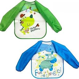 POLKA TOTS Waterproof Washable Full Sleeves Apron Feeding Bibs Combo Pack with Super Absorbent, Soft, Comfortable & Lightweight for Infants & Baby Toddlers(Pack of 2/Fun Jungle & Play Baseball Design)-9