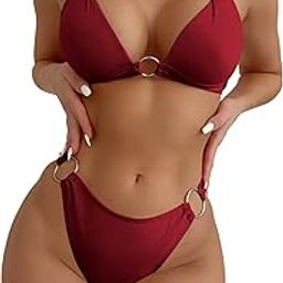 Women's Ring Linked Halter Push Up Bikini Swimsuit High Stretch Bathing Suit Swimwear Set Swimming Suit Two Piece-image-7
