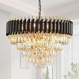 AYRIV Black Mamba Chandelier with Stainless Steel Tube Crystal Chandelier + 3 Color LED Light,Black Gold 600mm-image-65