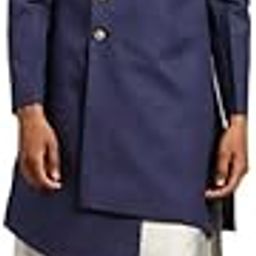 Men's Indo-Western Kurta Sherwani Churidar Set, Navy blue Cotton Blend, Solid Dyed Regular Fit Mandarin Collar Long Sleeves-16