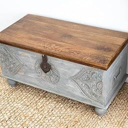 Solid Mango Wood Blanket box Wooden Trunk Storage Box for Home Living room Sandook Storage Chest Distressed Grey-image-33