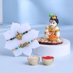Floweraura Rakhi for Brother Combo – Traditional Set of 2 Dazzling Peacock Rakhi Set with Lord Bal Gopal Krishna Idol Showpiece Figurine - Gift for Brother, Bhai, Cousins & Raksha Bandhan Gift-image-67