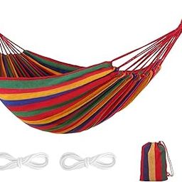 FS COOL Hammock 2 People Striped Hammock Outdoor Leisure Hanging Sleeping Bed for Camping Hammock Tent Hanging Hammock with Portable Backpack Multifunctional Portable Hammock (Red)-image-1