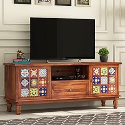 Apana Timber Solid sheesham Wood tv Unit 1 Drawer 2 Door Cabinet | Solid Sheesham Wood Entertainment Tv Unit for Living Room | Natural Teak Finish Colour (147D x 40W x 61H) CM-15