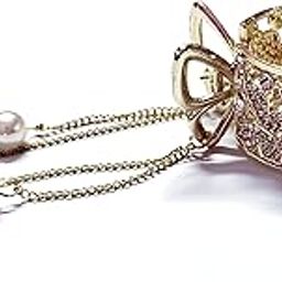 fancy AD stone round shape Medium Metal Golden hair claw/hair clatcher/hair clip/ponytail holder with Pearl Tassel Party/Wedding Hair Accessories for girls/women (Pack of 1)-image-49