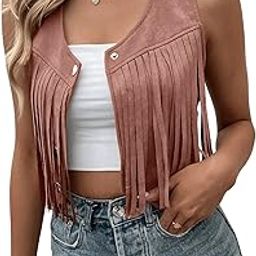 Women's Suede Fringe Trim Sleeveless Crop Vest Jacket Button Front Coat-29