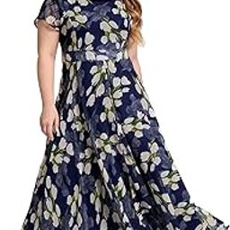 Women's Navy Blue Georgette Digital Floral Printed Floral Printing Short Sleeve A-Line Maxi Gown Dress for Women (Gown Dress 248)-image-18