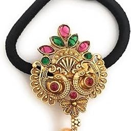 hair bands for women and girls black colour hair rubber bands with antique gold color decoration (pack of 1) traditional hair ties stones ponytail holders center clips for children-image-28