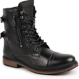 Men's High Ankle Genuine Leather Hook and 7-Eye Lace Up Side Zipper Adjustable Buckle Strap Cap Toe Anti Skid Sole Flat Boots-image-31