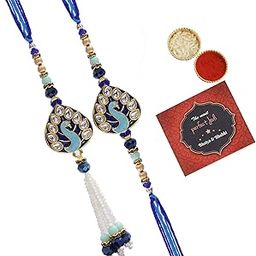 Rakhi for Brother and Bhabhi - Traditional Rakhi Set of 2 for Bhai Bhabhi with Card and Tikka - Hanging Lumba Rakhi for Bhaiya Bhabhi - Rakhis for Rakshabandhan Couple-image-51