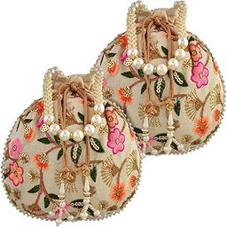 Potli|Silk Wedding Potli|Christmas Gift Potli|Baby Shower Potli|Traditional Shagun Potli|Drawstring with Beads Handle Potli|New Flower Embroidery Potli|Pack of 2|Cream-image-23