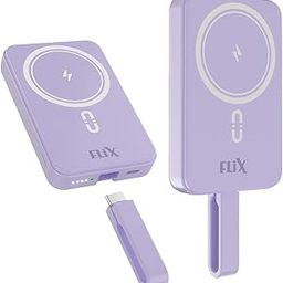FLiX (Beetel) MagConnect Pro 10k 15W Magnetic Wireless Output,22.5W QC/PD/PPS Pocket Power Bank,Inbuilt Type C & Lightning Reversable cable Input/Output,LED Display,Perfect for iPhone 12,13,14(Purple)-24