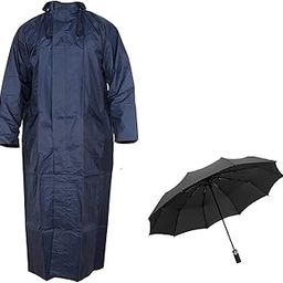 Men's Combo of Long PVC Hooded Raincoat|Over Raincoat with Carry Bag and Black 3 Folded Umbrella with Cover (Blue)-image-84