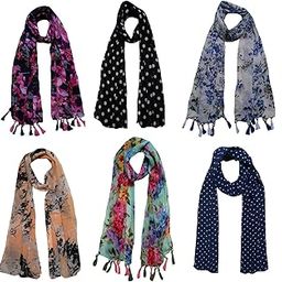 ™ Women's Printed Poly Cotton Multicolored Scarf and Stoles with Pearl Tassels - Set of 6 (LDS10109)-picture-18
