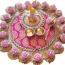 Wood Garv by geetanjali Foam Flower Ganesh ji Pearl Bangle Golden metal wooden Base Pooja thali with teeka Stick for Festive Season, Pooja 9 inch - Multicolor-15
