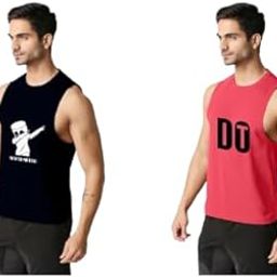 Men's Cotton Printed Vest Sleeveless for Daily Use Navy Blue,Pink XX-L(Pack of 2)-image-5