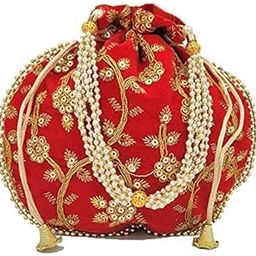 Ethnic Designer Embroidered Potli Bag for Women with Pearl Handle Handmade Bridal Batwa Wristlet for Weddings & Parties (Multicolor)-image-98