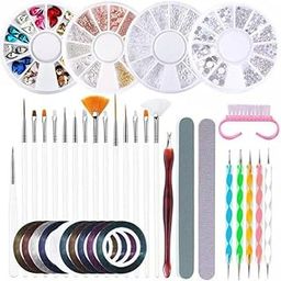 nail extension kit Nail Art Combo - 4 Rhinestones, 15 Brushes, 10 Strips, Cleaning Brush, Cuticle Trimmer, Filler, Buffer, Dotting Tools - DIY & Professional Nail Care Supplies for Stunning Nail Designs at Home or Salon-0