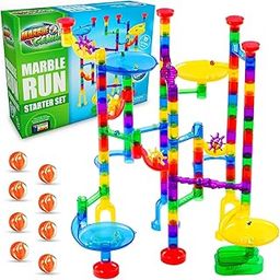 Marble Genius Marble Run Starter Set - 60 Translucent Marbulous Pieces + 10 Glass Marbles-1