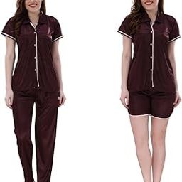 Women's Satin Solid Nightsuit Regular Length Top and Pyjama with Shorts (Size - Free Size) (Nightsuit Set Pack of 3)-picture-53