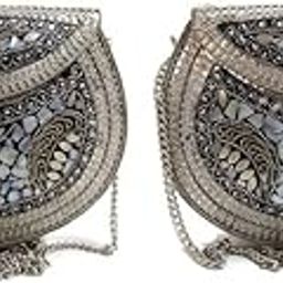 Shakuntala Vintage Bridal Women's Antique Brass Purse Ethnic Handmade Metal Clutch Bag Silver Pack of 2-image-80