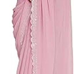 "Women's Fashion Georgette pink colour Siroski Saree with Silver siroski Work Border and Unstitched Sequin white Blouse"-image-14