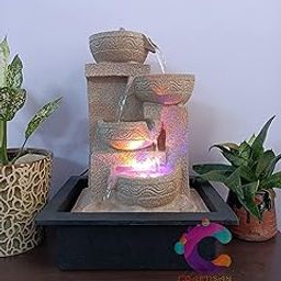 Craftisan™ Polyresin Designer Table Top Four Tier Fountain in Yellow Stone for Indoor, Outdoor, Home & Office Decor with Multicolour LED Light and Water Flow Control Pump (UR-025, Big Diya)-12