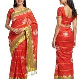 Cotton Saree, Orange with Gold Zari Border, Tie-Dye Pattern, Sandal Contrast Blouse-image-2