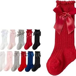 Baby Girls Knee High Socks Bow Tube Ruffled Knit Cotton Long Stockings for Infants-image-59