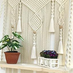 Alamcraft Macrame Wall Hanging Shelf, Decorative Boho Floating Wooden Book Shelve, Rustic Rack Gift Item for Home Decor Bedroom, Living Room, Nursery, Decoration, Off-White, 25 x 50cm 1-Piece Style 37-image-64