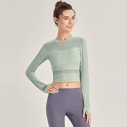 Women Yoga Workout Crop Shirts Mesh Splicing Long Sleeves Running Shirt Athletic Tops-image-76