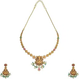 kushal's Fashion Jewellery Ruby-Green Gold Polished Antique Short Necklace With Push Back Hanging Earringsand Adjustable Chain for Festive Season, Necklace set for women - 431437-picture-39