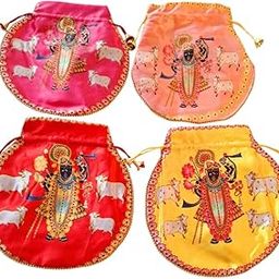Shrinathji Digital Print Potli Bags for Gift, Shagun Potlis, Traditional Purse for Ladies, Potli Pouches with Pearl Handle, Shagun Potlis for Housewarming-26