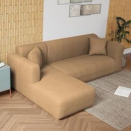 Lukzer Universal L Shape Sofa Cover 280 GSM Fabric Flexible Stretch Couch Slipcover Touching Case (Textured Dark Beige Checked/Left Hand Side) LHS-058-18
