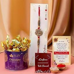 eCraftIndia Golden Lord Ganesha Om Designer Rakhi for Brother with Chocolate, Zuzy Almond Chocolate Box, Rakhi with Chocolate Gift - Roli Chawal Pack, Raksha Bandhan Greeting Card-image-40