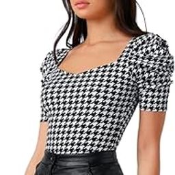 Women's Casual Sweetheart Neck and Puff Sleeves Stylish Printed Top - 23" Inches (Tee-Joy Modelo)-image-38
